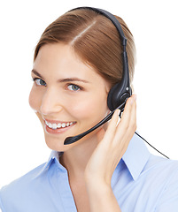 Image showing Call center, face and woman on a white background for telemarketing, contact us or telecom consulting. Happy woman consultant, customer support worker or callcenter employee smile in studio portrait