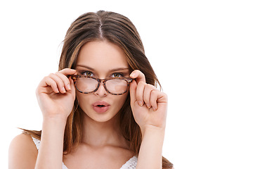 Image showing Portrait, woman and glasses for clear vision, pouting and flirty female isolated on white studio background. Lips, girl and eyewear with confidence, happiness and beauty with mouth gesture and smile