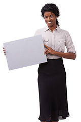 Image showing Portrait, poster and mockup with a woman in studio on a white background for marketing or advertising on blank cardboard. Paper, billboard and branding with a female employee holding mock up space