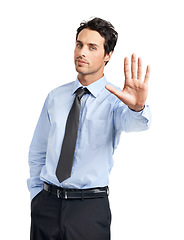 Image showing Businessman, portrait or stop hand gesture on studio background in finance fraud, money laundering or bribe. Financial worker, employee or refuse hand gesture to insurance investment or strategy deal