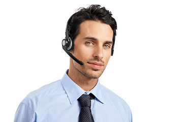 Image showing Call center employee, man and face in portrait, contact us with CRM and customer service and telemarketing. Phone call, male agent and customer care, tech support and headset against white background