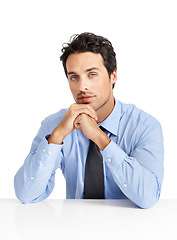 Image showing Businessman, portrait and thinking in studio for mission, goal or planning on white background. Face, mindset and manager in office for management, problem solving and strategy while sitting at desk