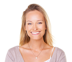 Image showing Portrait, face and beauty with a model woman in studio on a white background for natural skincare treatment. Wellness, luxury and skin with an attractive young female posing to promote cosmetics
