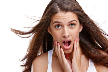Image showing Woman, face portrait and wow for surprise sale, discount or promotion for shocked or surprised emoji. Female beauty model isolated on a white background for reaction on fake news announcement