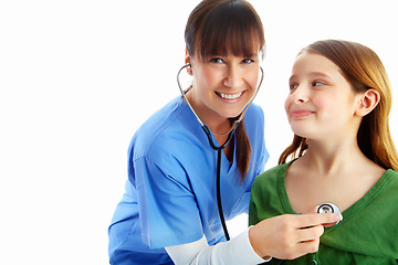 Image showing Woman, stethoscope and child consulting nurse in studio isolated on a white background mockup. Face portrait, healthcare and cardiologist or happy female pediatrician checking heart health of girl.