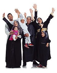 Image showing Muslim family, portrait and celebrate eid with women, men and children together for Islam religion. Hands of Arab parents and kids together for culture, love and peace isolated on a white background