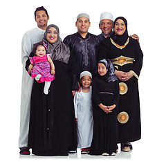 Image showing Muslim family, portrait and together for eid to celebrate Islam religion, love and peace in studio. Arab parents, grandparents and kids together for support in ramadan isolated on a white background