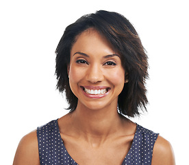 Image showing Beauty, smile and portrait of black woman on a white background for cosmetics and healthy skin. Natural lifestyle, happiness and face headshot of girl with big smile, confidence and carefree