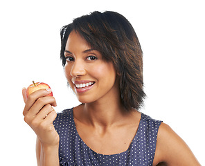 Image showing Health, apple and smile with portrait of black woman for diet, nutrition or organic choice. Food, vitamins and fiber snack with isolated Brazil girl and fruit for natural, weight loss or clean eating