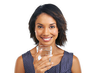 Image showing Portrait, health or black woman drinking water in studio on white background with marketing mockup space. Happy, face or healthy girl drinks natural liquid or glass beverage for hydration or wellness