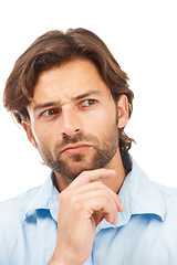 Image showing Business, thinking and face of man in studio isolated on a white background. Pensive, planning and male entrepreneur, ceo or boss focus, lost in thoughts and contemplating sales or advertising ideas.