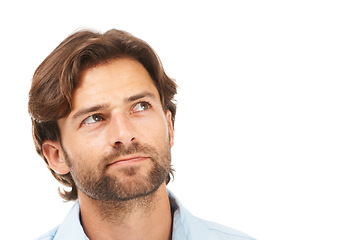 Image showing Thinking, idea and face of businessman on a white background for brainstorming, planning and strategy. Creative leader, inspiration and male entrepreneur for vision, thoughtful and goals in studio