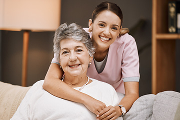 Image showing Support, portrait and nurse with a senior woman on a sofa in the living room of a nursing home. Healthcare, wellness and caregiver embracing an elderly female pensioner at retirement house or clinic.