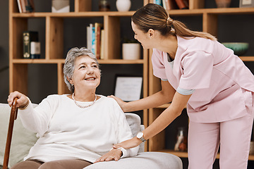 Image showing Nurse, woman and nursing home support, help and kindness for medical homecare service. Happy healthcare caregiver, trust and empathy for senior, elderly and retirement patient in rehabilitation house