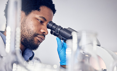 Image showing Black man, scientist and microscope with science research in laboratory, data analysis and expert with scientific or medical innovation. Phd doctor, face and biotechnology, chemistry and study in lab