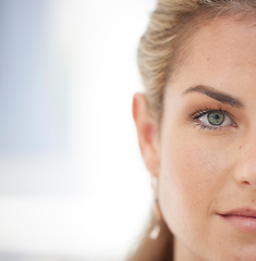 Image showing Portrait, half face and woman with mockup space for vision, ideas or plans for a business. Cosmetic, makeup and natural face of a beautiful professional lady with a blurred background with copy space