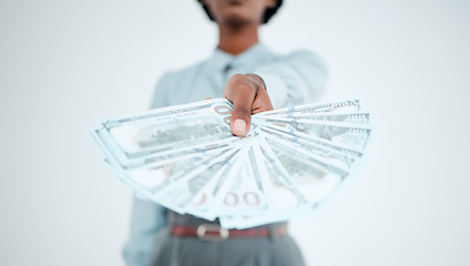 Image showing Hand, dollars and black woman with money for payment, financial investment or bribe in office. Currency, finance or business woman offering cash for banking, deal or savings, loan or money laundering