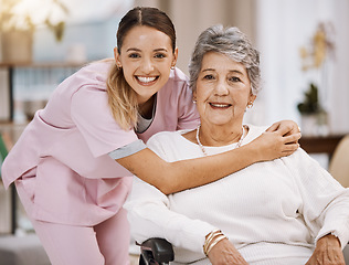 Image showing Women portrait, senior or wheelchair support in nursing home, house living room or wellness rehabilitation clinic. Smile, happy or healthcare nurse with retirement elderly in disability mobility aid