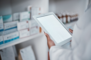 Image showing Pharmacy, doctor and tablet screen mockup for medicine checklist for medical healthcare, wellness store inventory and pharmacist dispensary. Clinic, employee hands and checking stock on digital tech