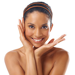 Image showing Skincare, beauty and face portrait of woman in studio isolated on a white background. Natural cosmetics, makeup and happy female model satisfied with spa facial treatment for wellness or healthy skin