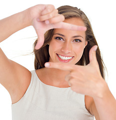 Image showing Face portrait, hands frame and woman in studio isolated on a white background. Makeup, photography hand gesture and female model from Canada with healthy and flawless skin after spa facial treatment.