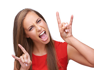 Image showing Rock and roll, hands and portrait of woman on a white background for freedom, energy and heavy metal music. Comic, emoji and face of girl isolated in studio for rock hand gesture, punk and attitude