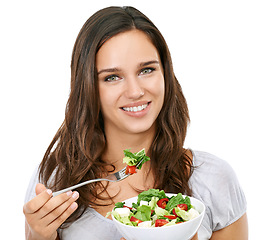 Image showing Health, nutrition and salad portrait of woman for wellness diet with cheerful and happy smile. Beautiful dieting model excited for healthy food lifestyle on isolated white background.