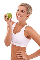 Image showing Apple, health nutrition or portrait of woman with fruit product to lose weight, diet or body detox for wellness lifestyle. Healthcare model, nutritionist food or vegan girl on white background studio