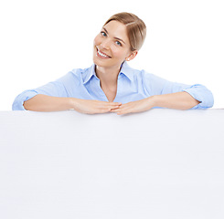 Image showing News, announcement and portrait of businesswoman with poster, mockup and product placement isolated on white background. Advertising, future marketing and happy woman with blank sign board and smile.