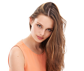 Image showing Hair, beauty and portrait of woman in studio for wellness, keratin treatment and hair products. Fashion, hair care aesthetic and girl on white background for cosmetics, hairstyle and luxury shampoo