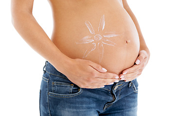 Image showing Pregnant woman, stomach and sunscreen cream on body, white background or beauty cosmetics. Skincare, pregnancy abdomen and lotion of sun protection, aesthetic wellness and healthy maternity in studio
