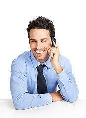 Image showing Phone call, business and man on studio background for communication, negotiation and mobile networking. Male model, worker and talking on smartphone for corporate deal, stock market trading and sales