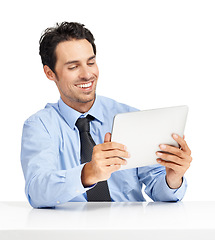 Image showing Social media, video and businessman reading on tablet for work, communication and app. Website, contact and happy executive man with tech for connectivity, wifi and online news on a white background