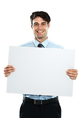 Image showing Placard mockup, happiness and portrait businessman with marketing poster, advertising banner or product placement space. Billboard sign, studio mock up and sales model isolated on white background