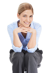 Image showing Businesswoman, portrait and smile on chair in white background, studio and happiness. Happy female worker, model and office chair of young employee, entrepreneur and motivation in corporate career