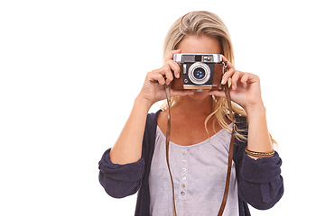 Image showing Camera, photographer and mockup with a woman in studio isolated on white background taking a photograph. Vintage, focus or tourism with a female shooting a picture for travel memories on blank space