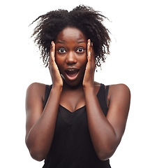 Image showing Surprise, wow and portrait of black woman in studio on white background for emoji, facial expression and news. Beauty, amazed face and girl with open mouth for shock, omg results and excited reaction