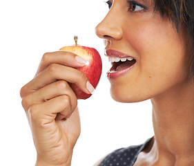 Image showing Fruits, diet and woman nutrition with healthy food for diet and organic apple with mock up. Hungry, health model and eating fruits of a black woman with nutrition and weight loss with mockup