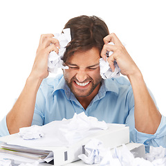 Image showing Burnout, stress and businessman with crumpled paper for brainstorming, thinking of bad ideas and strategy. Corporate work, anger and frustrated employee with mess of documents, paperwork and notes