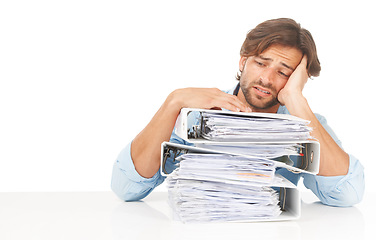 Image showing Business document, stress and work headache of a man worker with compliance anxiety about audit. Businessman burnout, tax documents and depressed finance analyst with mental health issue from job