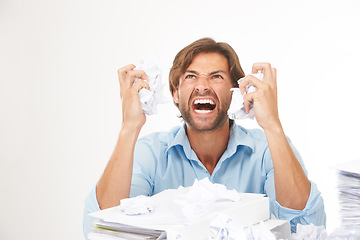 Image showing Angry, stress and burnout in businessman with crumpled paper for brainstorming, thinking of bad ideas and strategy. Deadline, chaos and frustrated worker with mess of documents, paperwork and notes