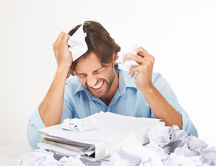 Image showing Burnout, stress and businessman with crumpled paper for brainstorming, thinking of bad ideas and strategy. Corporate work, anger and frustrated employee with mess of documents, paperwork and notes