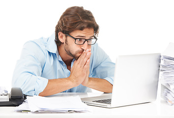 Image showing Laptop, praying and business man hope for financial profit, stock market growth or economy investment success. Studio, online bitcoin mining or trader trading crypto, forex or nft on white background