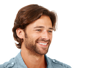 Image showing Smile, happy and face of a man thinking of an idea on an isolated white background in a studio. Happiness, content and smiling model with a beard, daydream and thoughtful on a studio background