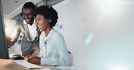 Image showing Call center, teamwork mockup and business people success in telemarketing, customer service management or computer tech in office. Black man, happy woman and sales planning, review or online solution