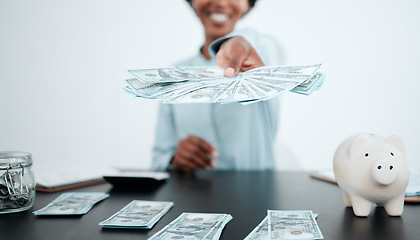 Image showing Hand, dollars and black woman with money for payment, financial investment or bribe in office. Currency, finance or business woman offering cash for banking, deal or savings, loan or money laundering