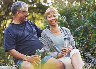 Image showing Fitness, portrait or old couple in nature for hiking workout, walking exercise or trekking on holiday vacation. Retirement, healthy or happy woman hugs or bonding with senior partner in a forest park