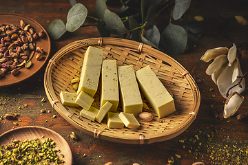 Image showing Homemade white chocolate fudge with pistachio