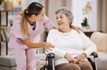 Image showing Healthcare, support and caregiver with senior woman for medical help, elderly care and consulting patient. Wheelchair disability, rehabilitation and nurse volunteer at nursing home for charity work