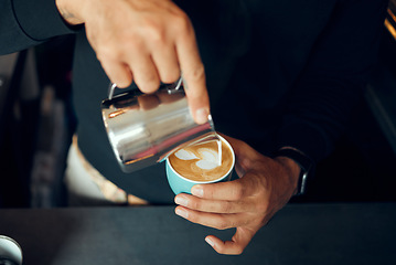 Image showing Coffee, milk and hands of man in cafe for cappuccino, breakfast and caffeine beverage. Relax, espresso and dairy with barista in coffee shop and with latte for retail, mocha and drink preparation